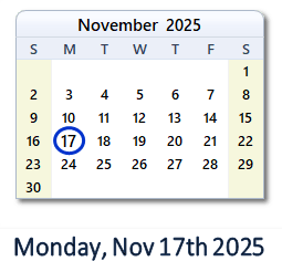 17 November 2025 calendar
