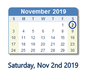 November 2, 2019 calendar