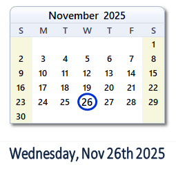 26 November 2025 calendar