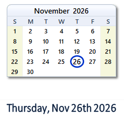 November 26, 2026 calendar