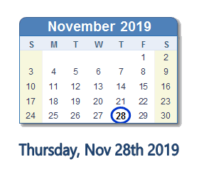 November 28, 2019 calendar