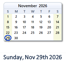 November 29, 2026 calendar