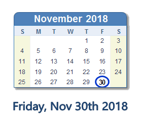 November 30, 2018 calendar
