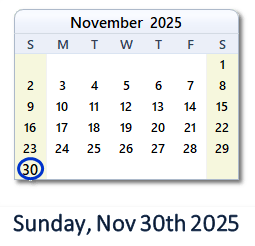 30 November 2025 calendar