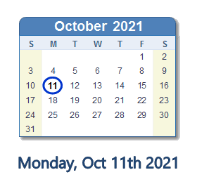 October 11, 2021 calendar