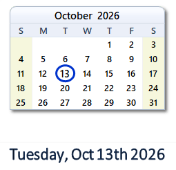 October 13, 2026 calendar