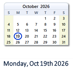 October 19, 2026 calendar
