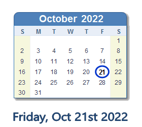 October 21, 2022 calendar