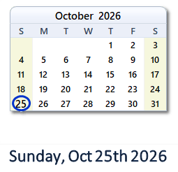 October 25, 2026 calendar