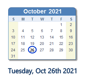 October 26, 2021 calendar