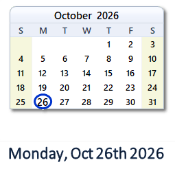 October 26, 2026 calendar