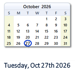 October 27, 2026 calendar