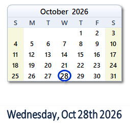 October 28, 2026 calendar