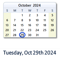 October 29, 2024 calendar