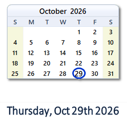 October 29, 2026 calendar