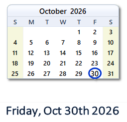 October 30, 2026 calendar
