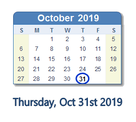 October 31, 2019 calendar