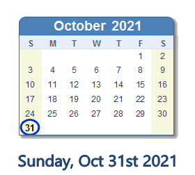October 31, 2021 calendar