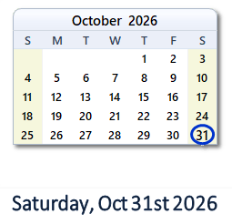 October 31, 2026 calendar