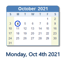 October 4, 2021 calendar