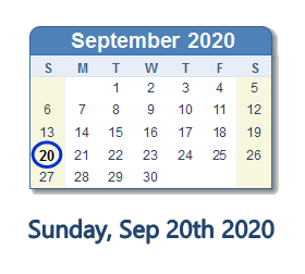 September 20, 2020 calendar