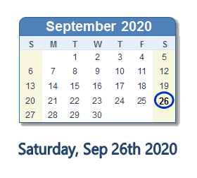September 26, 2020 calendar