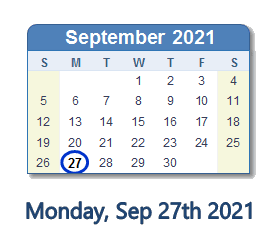 September 27, 2021 calendar