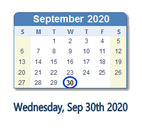 September 30, 2020 calendar