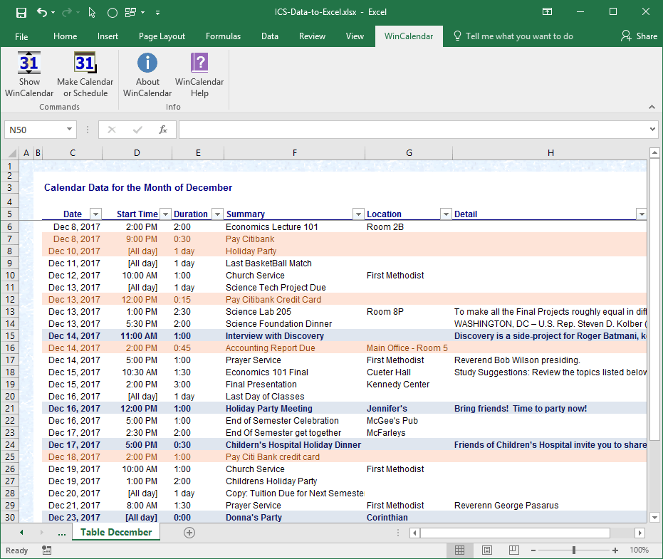 Convert iCalendar ics to Excel and Word