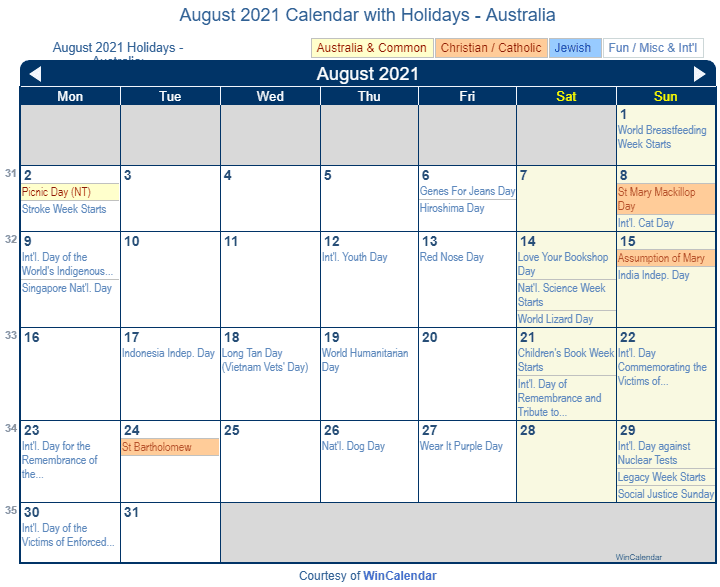 August 21 Calendar With Holidays Australia