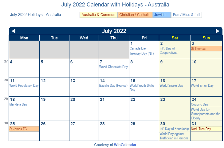 Christmas In July 2022 At Jr July 2022 Calendar With Holidays - Australia