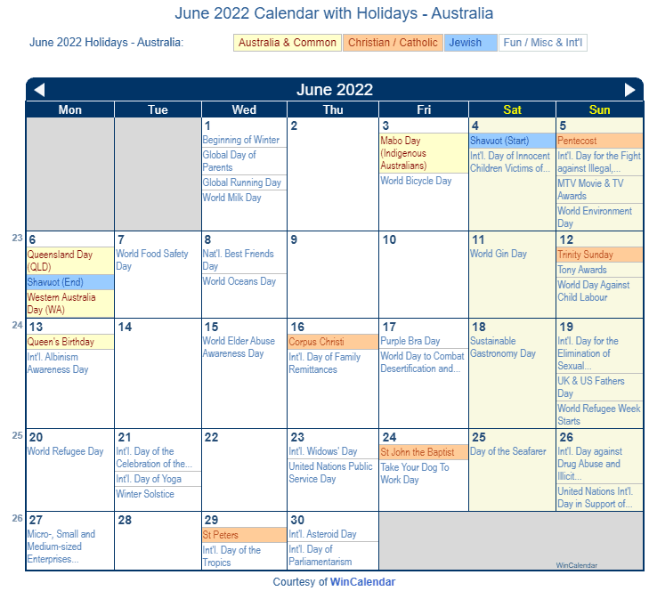 United Nations Calendar 2022 June 2022 Calendar With Holidays - Australia
