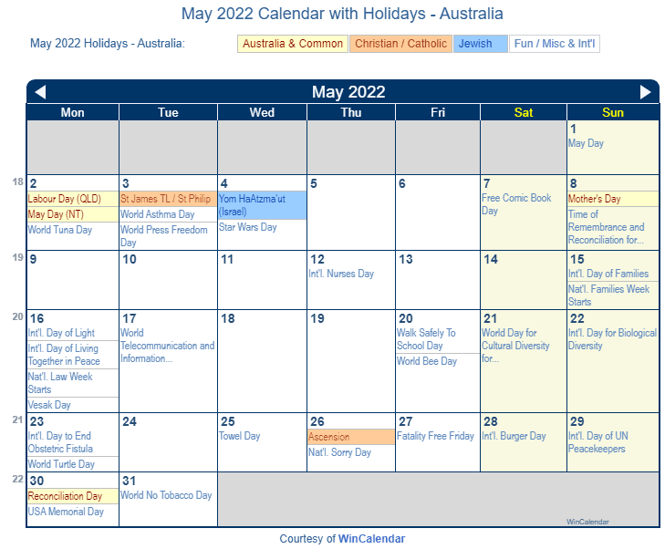 may 2022 calendar with holidays australia