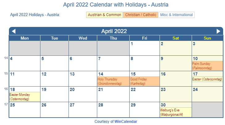 April 2022 Calendar With Holidays Austria