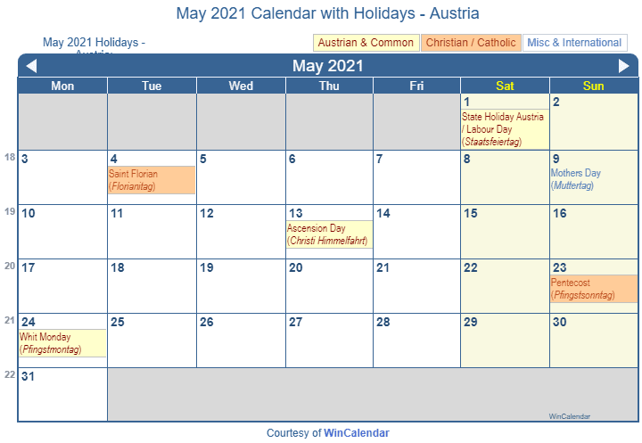 May 2021 Calendar With Holidays Austria