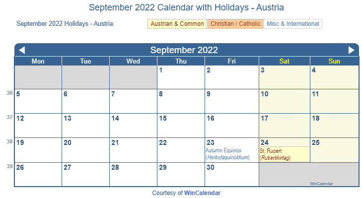 September 2022 Calendar With Holidays - Austria