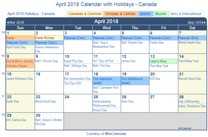 April 2018 Calendar with Holidays Canada