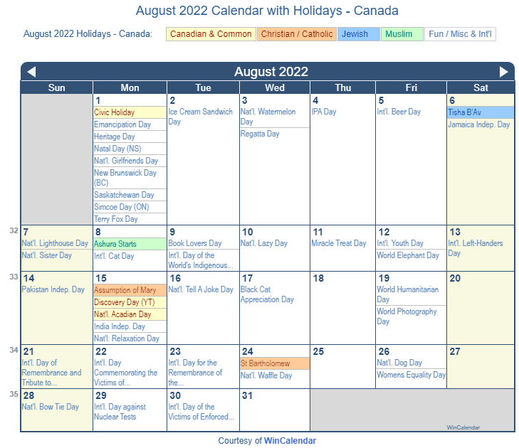 National Day Calendar August 2022 August 2022 Calendar With Holidays - Canada