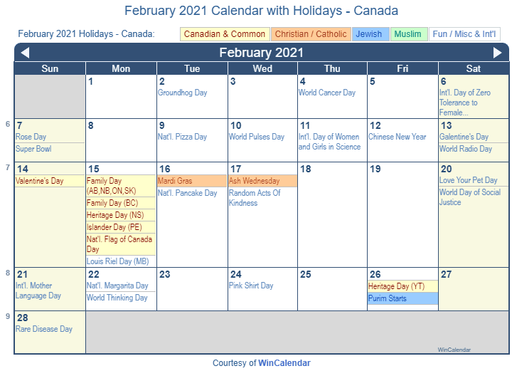 Featured image of post February 2021 Calendar Canada With Holidays - Information about official and unofficial stat holidays for 2021.