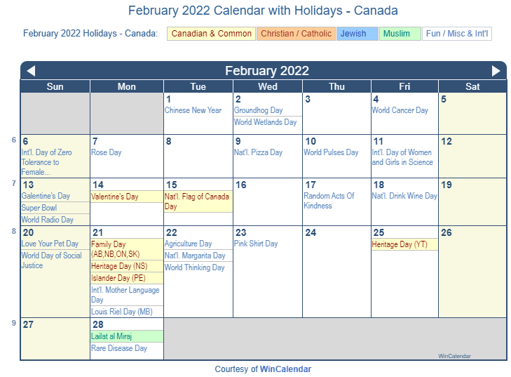 2022 Calendar Feb.February 2022 Calendar With Holidays Canada