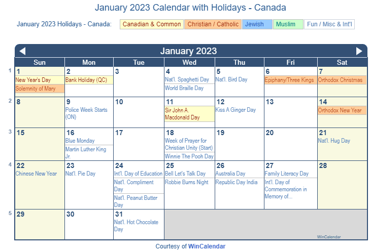 January 2023 Calendar with Holidays - Canada