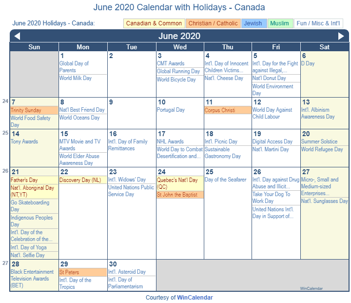 June Calendar With Holidays Canada