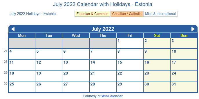 Win Calendar July 2022 July 2022 Calendar With Holidays - Estonia