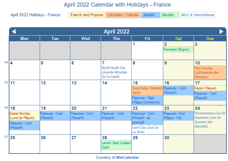 April 2022 Calendar With Holidays - France