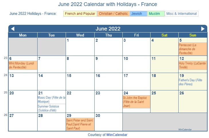 June 2022 Calendar With Holidays - France