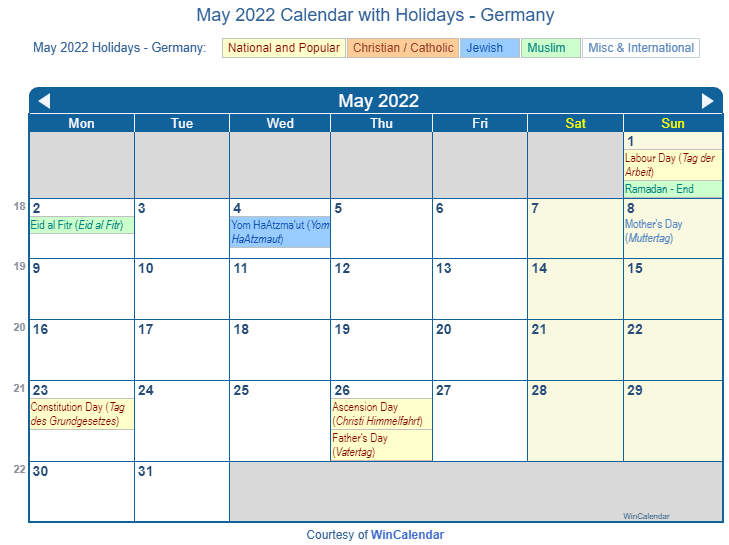 May 2022 Calendar With Holidays - Germany