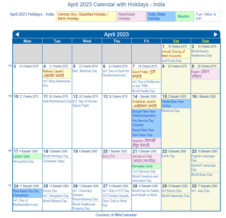 April 2023 Calendar with Holidays - India
