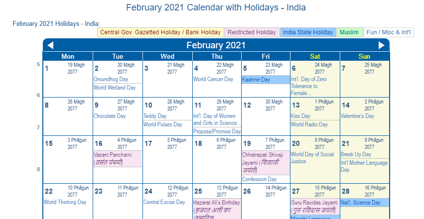 February 2021 Calendar with Holidays India