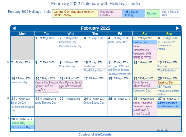 February Calendar 2022 With Holidays February 2022 Calendar With Holidays - India