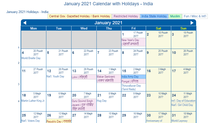 jan 2021 calendar with holidays